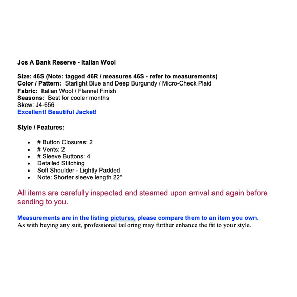 Jos A Bank Reserve 46S Blue Burgundy Check Plaid Italian Wool Sport Coat Flannel - Picture 2 of 14